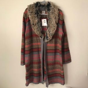 Ann Klein Long Cardigan with Fur Collar